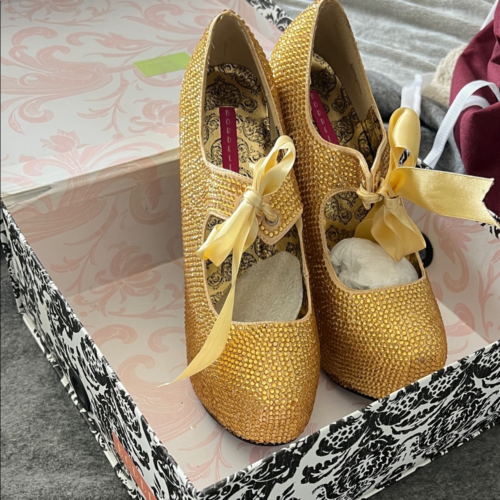 Bordello Gold Platform Rhinestone Heels with Ribbon Ties New with Box